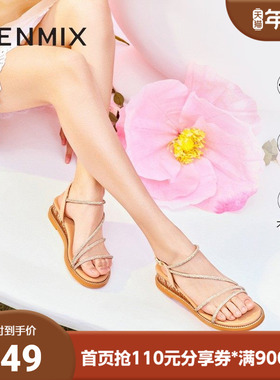 天美意闪钻条带坡跟凉鞋沙滩鞋女露趾时装凉鞋夏新款CTI16BL3