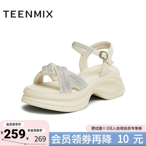 天美意夏季新款商场同款时尚水钻厚底女一字带凉鞋BK941BL5