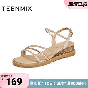 坡跟条带时尚 天美意夏季 新款 商场同款 CTI32BL4 一字带女凉鞋