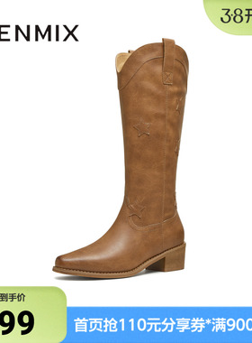 天美意2025冬新款方跟V口显瘦复古英伦风西部靴女长靴KXZ16DG5