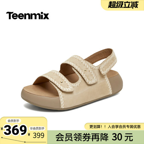 天美意2026夏新款一字带厚底简约魔术贴百搭休闲女凉鞋CHB06BL6