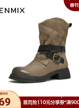 天美意冬新款休闲一脚蹬复古百搭褶皱y2k女西部靴KQZ01DZ4