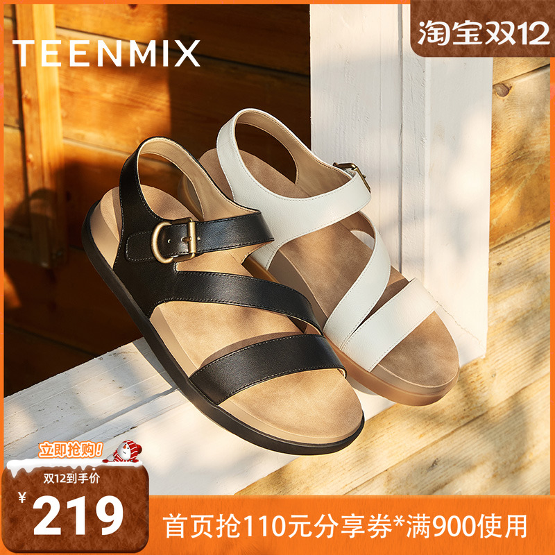 天美意2025夏新款商场同款平底百搭简约女一字带凉鞋CEY16BL5