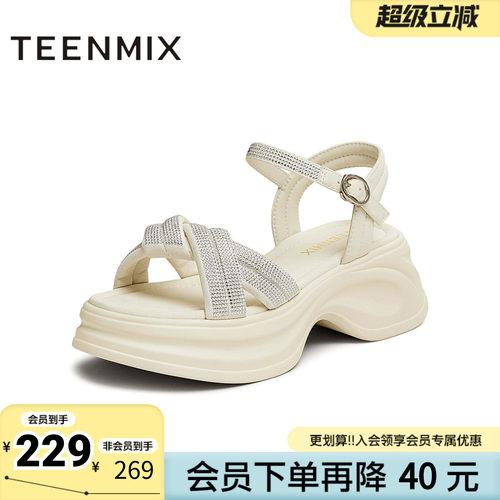 天美意夏季新款商场同款时尚水钻厚底女一字带凉鞋BK941BL5