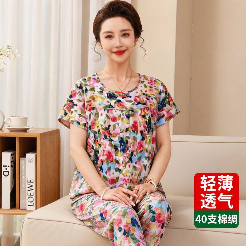 夏季棉绸中老年女可外穿家居套装图片