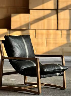 美式中古复古胡桃木色油蜡皮真皮牛皮单人沙发休闲椅书房客厅椅子