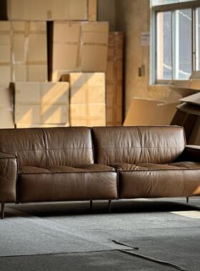 北欧中古复古油蜡皮真皮沙发三人现代小户型高脚棕色黑色皮沙发