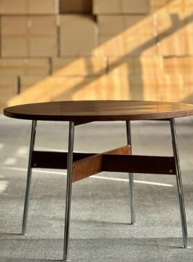 Classic Reborn北欧中古复古实木圆餐桌休闲白蜡木不锈钢脚圆桌