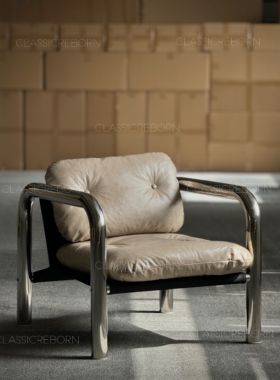 北欧中古风现代简约包豪斯不锈钢设计师款真皮客厅休闲椅书房椅子