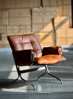 现代简约意式极简复古中古不锈钢包豪斯真皮油蜡皮软包靠背沙发椅