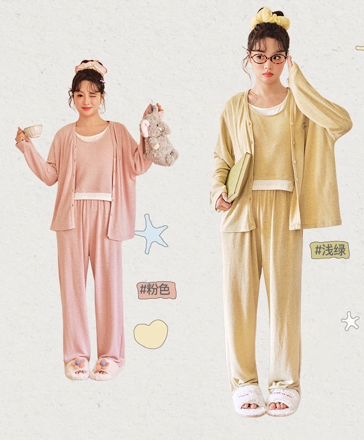 小熊爱家懒人装新款三件套带胸垫背心开衫家居服月光泡泡睡衣9912