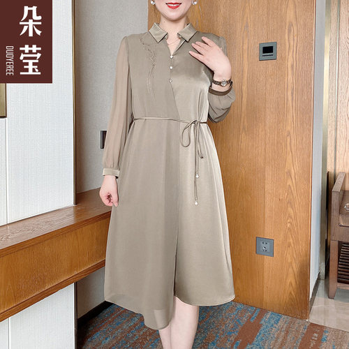 中年妈妈春秋气质纯色长袖连衣裙