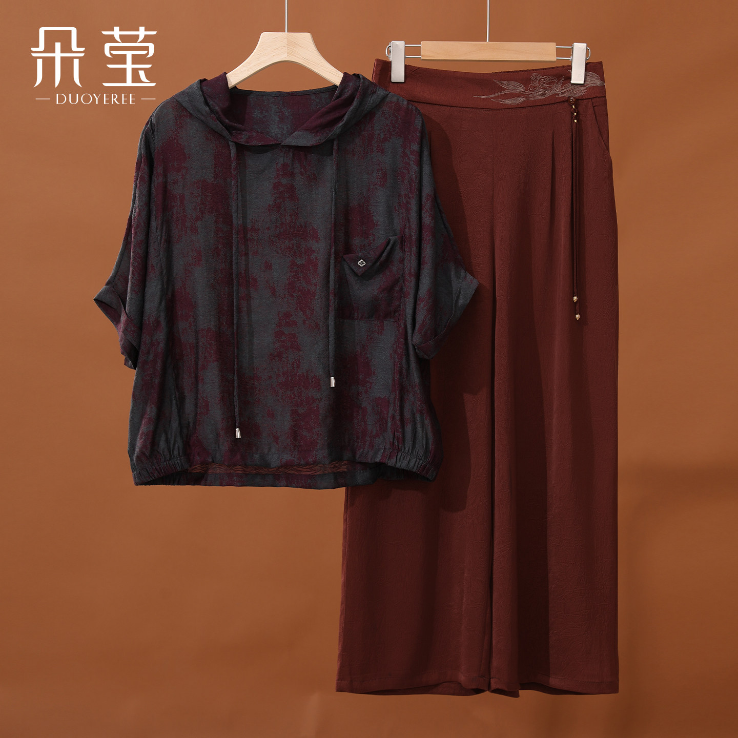 朵莹新款妈妈夏装休闲连帽短袖上衣套装中年女装中老年卫衣两件套