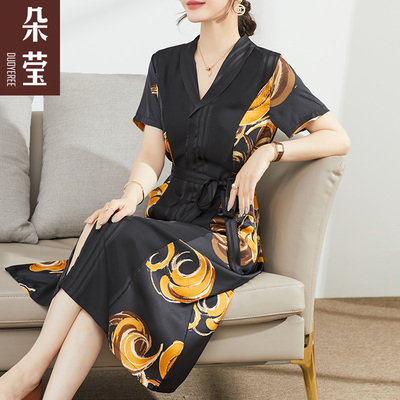 中年妈妈夏装短袖雪纺收腰连衣裙