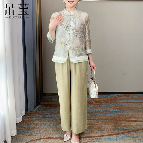 妈妈春夏装新中式薄款棉麻两件套