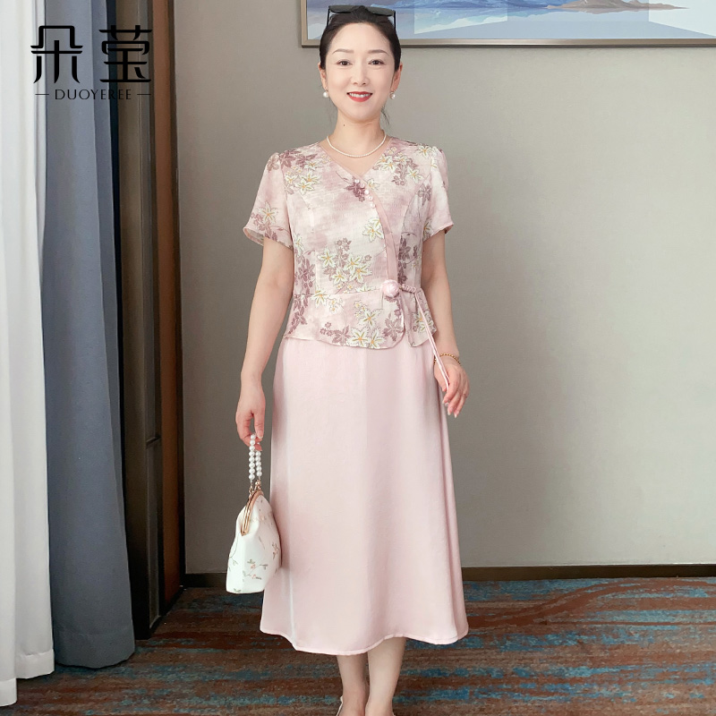 朵莹妈妈夏装连衣裙花色中年女装洋气短袖裙子中老年2025新款长裙