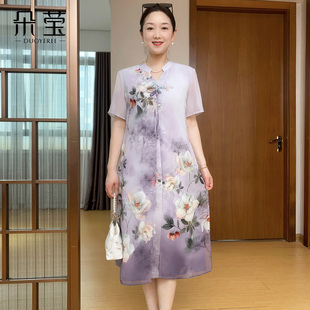 中老年女裝 朵瑩媽媽夏裝 新中式 國風連衣裙2025新款 寬松遮肚子裙子