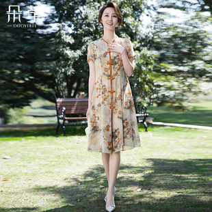 中年媽媽夏裝 改良旗袍中老年女顯瘦裙子 連衣裙2025新款 洋氣新中式