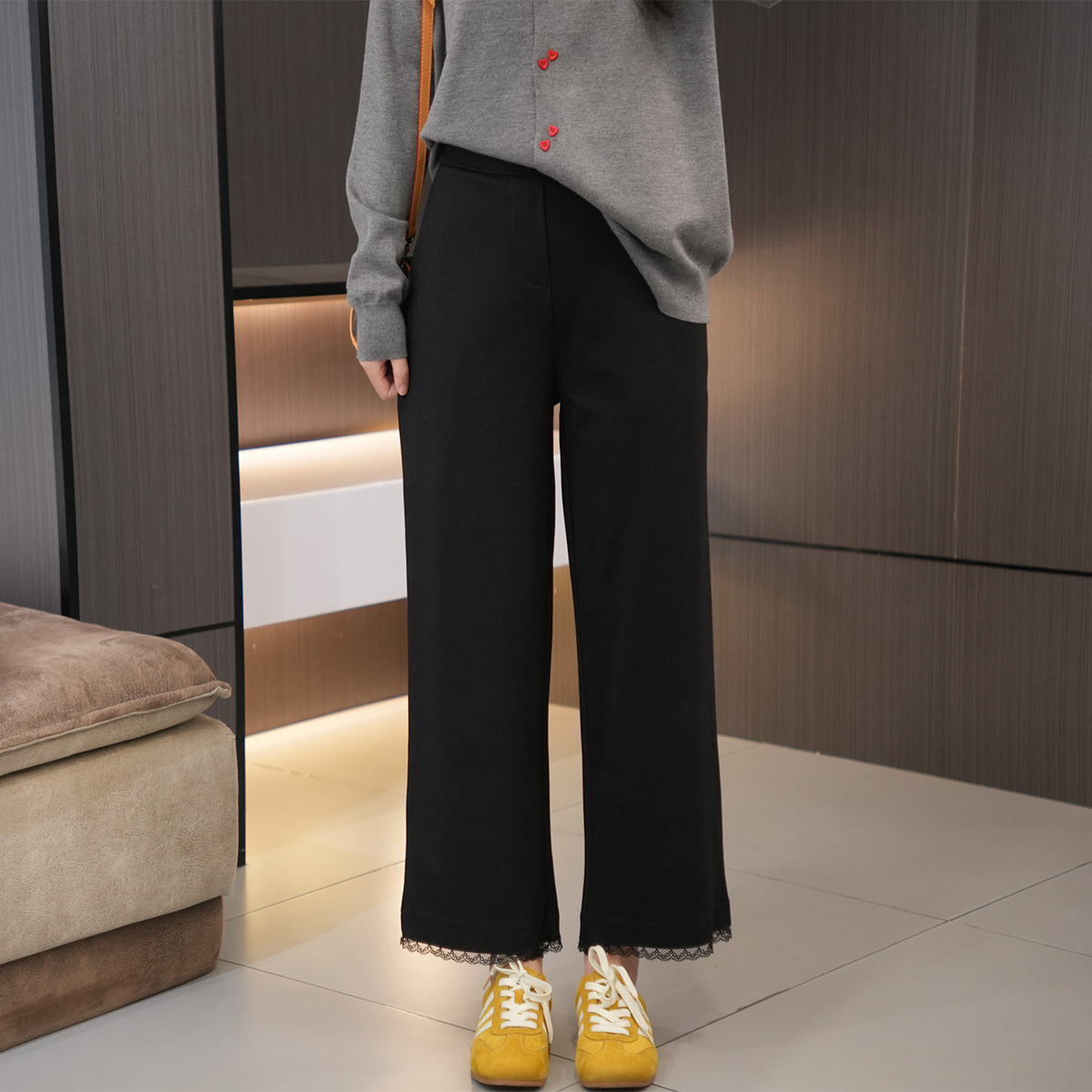 秋季必入高腰蕾丝显瘦九分直筒裤