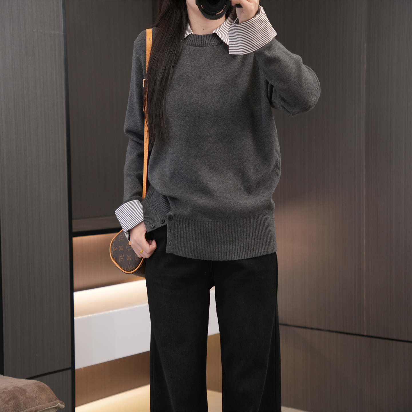 闭眼入法式设计感拼接衬衣领毛衣