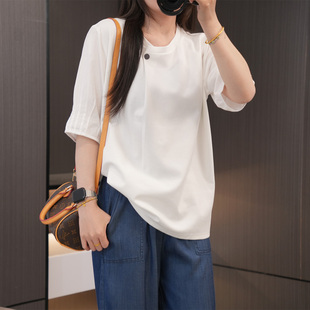 200斤胖mm不规则圆领百搭短袖 夏季 女装 新款 T恤 设计感港风简约大码