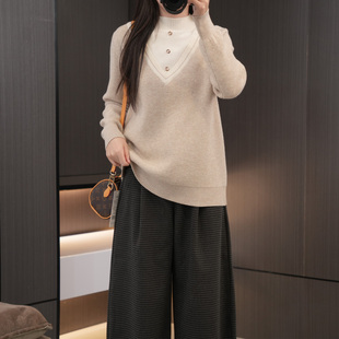 冬季 毛衣 胖妹妹加绒加厚保暖半高领内搭 设计感V领假两件大码 新款