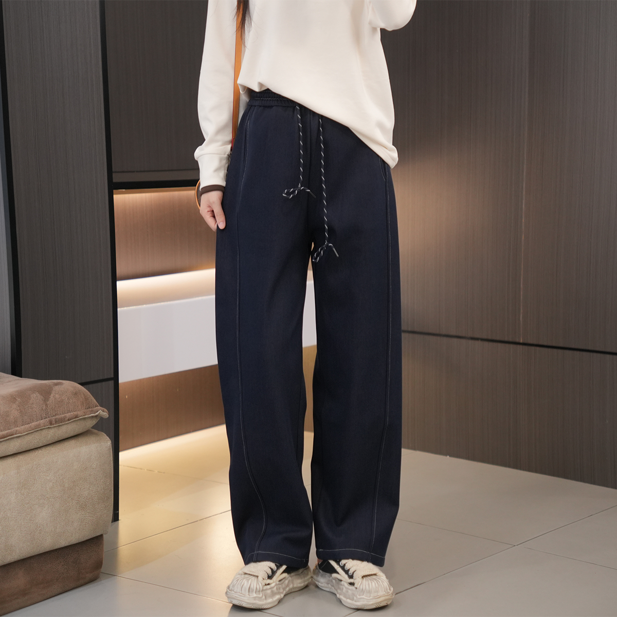 胖mm必入加绒保暖高腰抽绳休闲裤