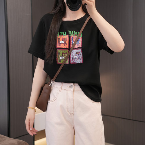 胖妹妹必入喵咪卡通印花大码短袖