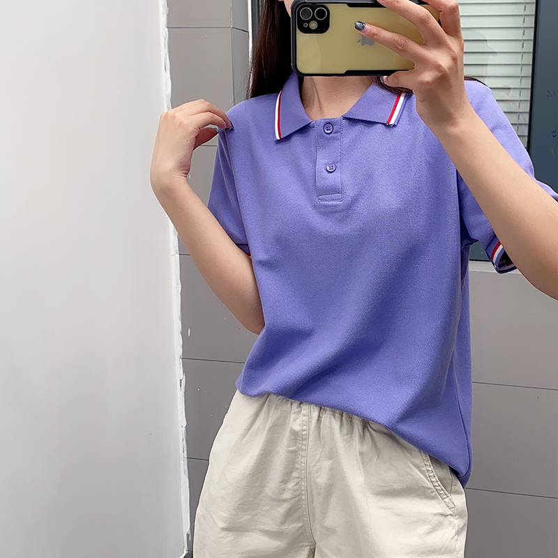 大码女装胖mm短袖条纹翻领t恤吸汗