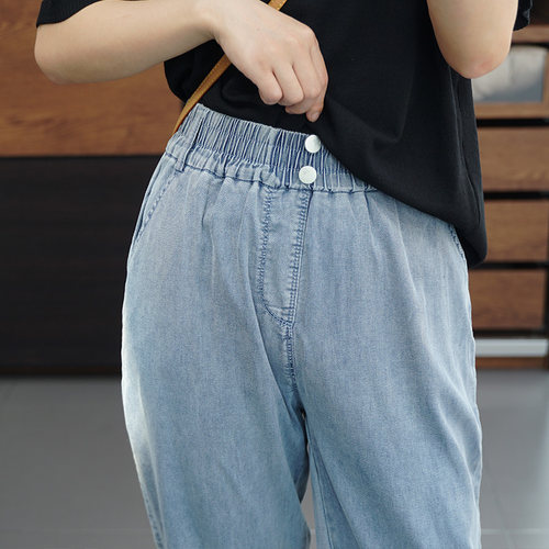 超薄宽松松紧腰天丝九分牛仔裤