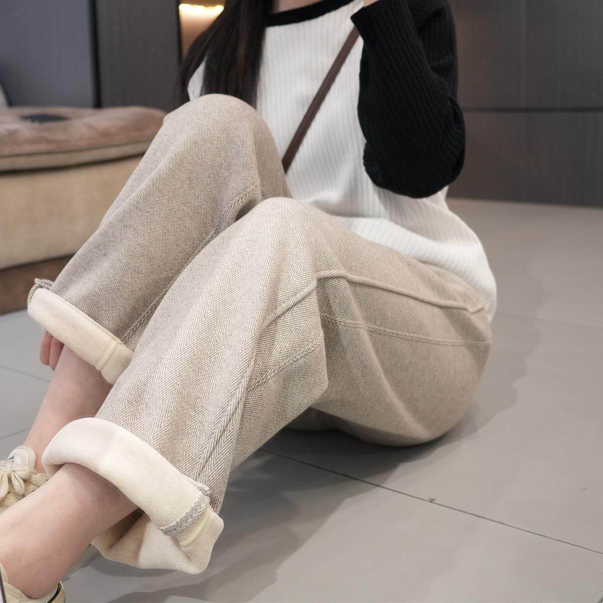 冬季设计感裤口开叉大码加绒直筒拖地裤韩版胖妹妹高腰百搭休闲裤,女装/女士精品,大码裤装,淘宝优惠券,粉丝福利购,淘宝优惠卷