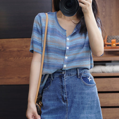 大码条纹撞色休闲针织短袖