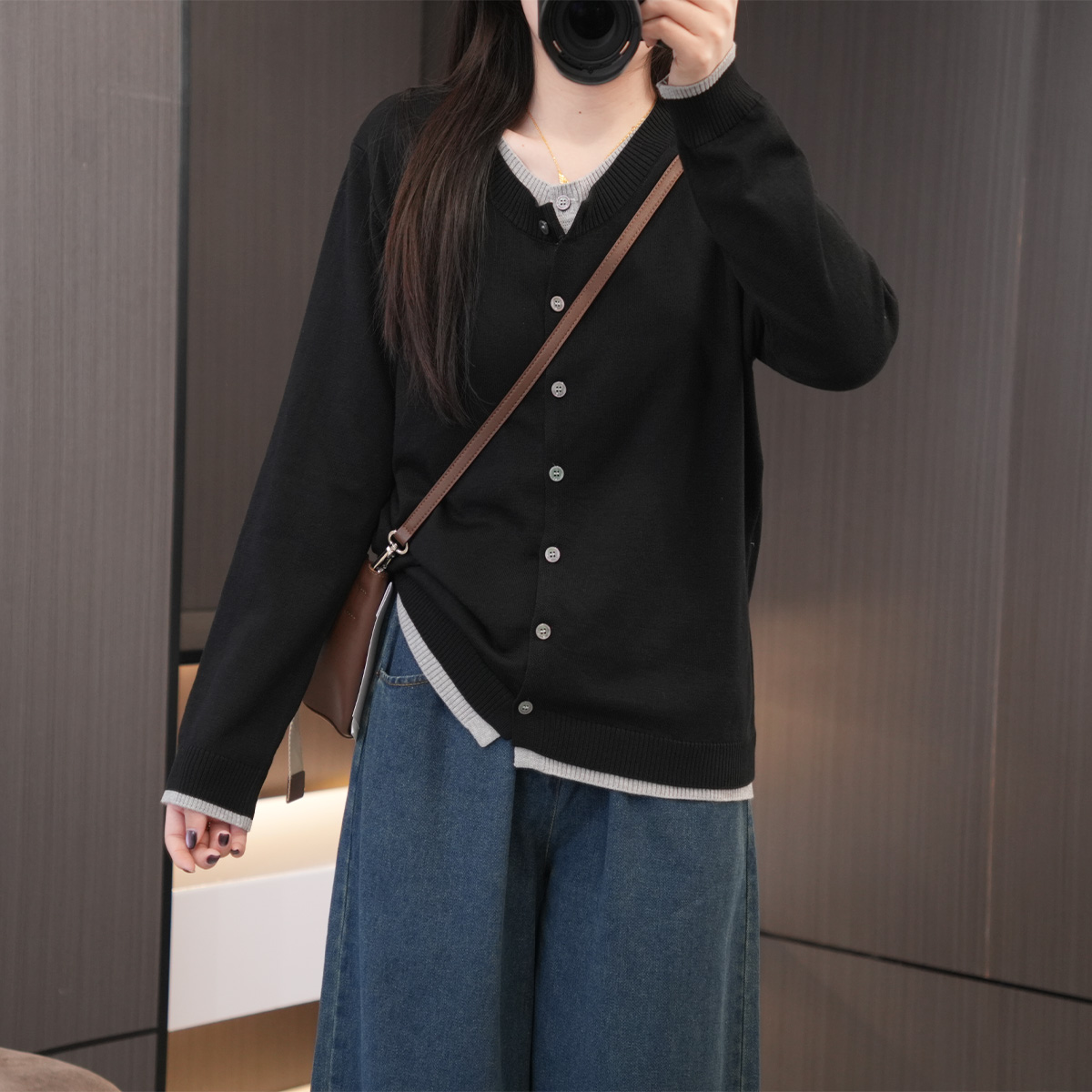 闭眼入小众撞色假两件针织开衫