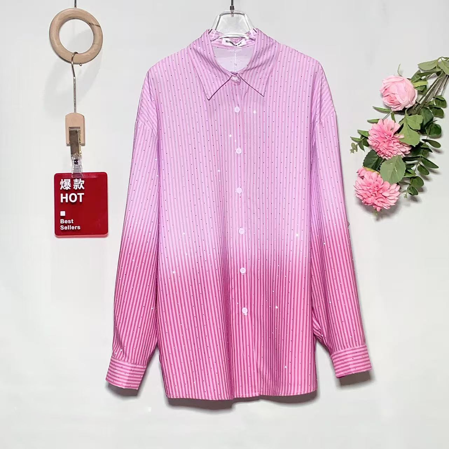 显瘦中长款过臀条纹长袖衬衫女