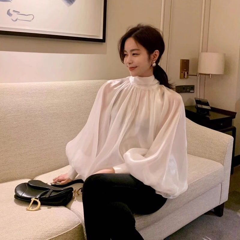 宽松法式套头长袖雪纺绑带衬衫