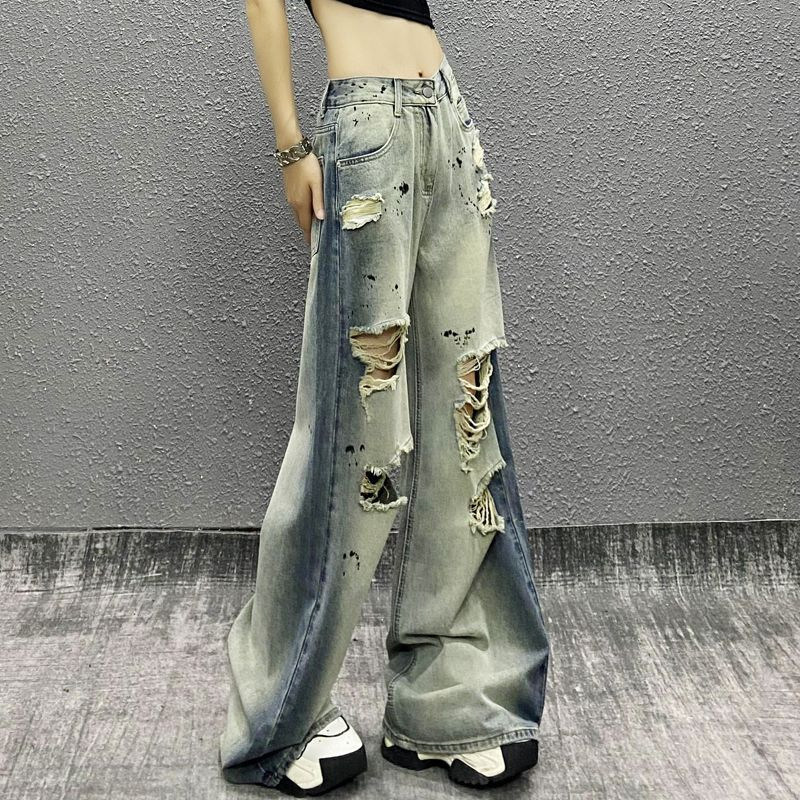 个性水洗拼色破洞休闲牛仔裤女秋新款高腰宽松显瘦百搭直筒阔腿裤
