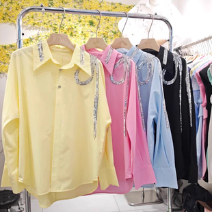 湖蓝色衬衫女高级感轻奢减龄洋气拼接亮片重工中长款长袖衬衣外套