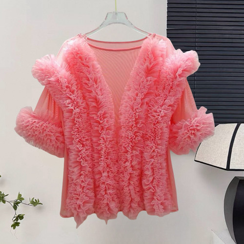 网纱木耳边拼接V领衬衫女2025夏