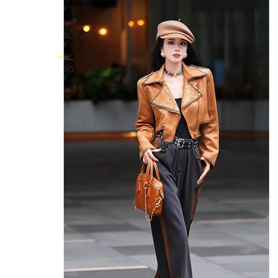 韩版短款鹿皮绒机车服上衣外套