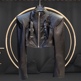 立领修身 美式 口拉链式 黑色酷女孩袖 机车皮衣女外套 复古经典