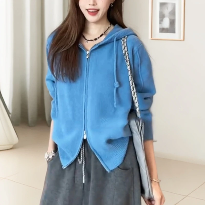 蓝色双拉链连帽针织开衫外套女