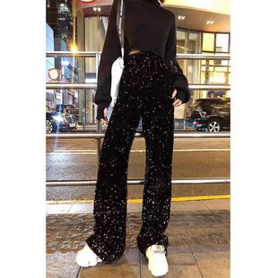 时尚新款黑色亮片阔腿亮晶晶直筒裤长裤女演出服裤子亮闪闪女裤