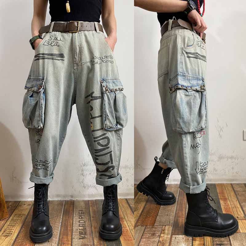 牛仔新款时尚个性字母口袋垮裤