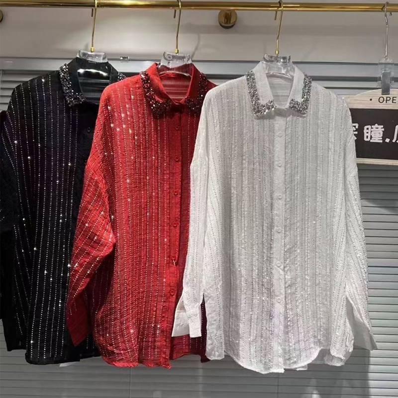 欧货重工烫钻衬衫女宽松显瘦条纹中长款轻薄开衫百搭衣防晒衫