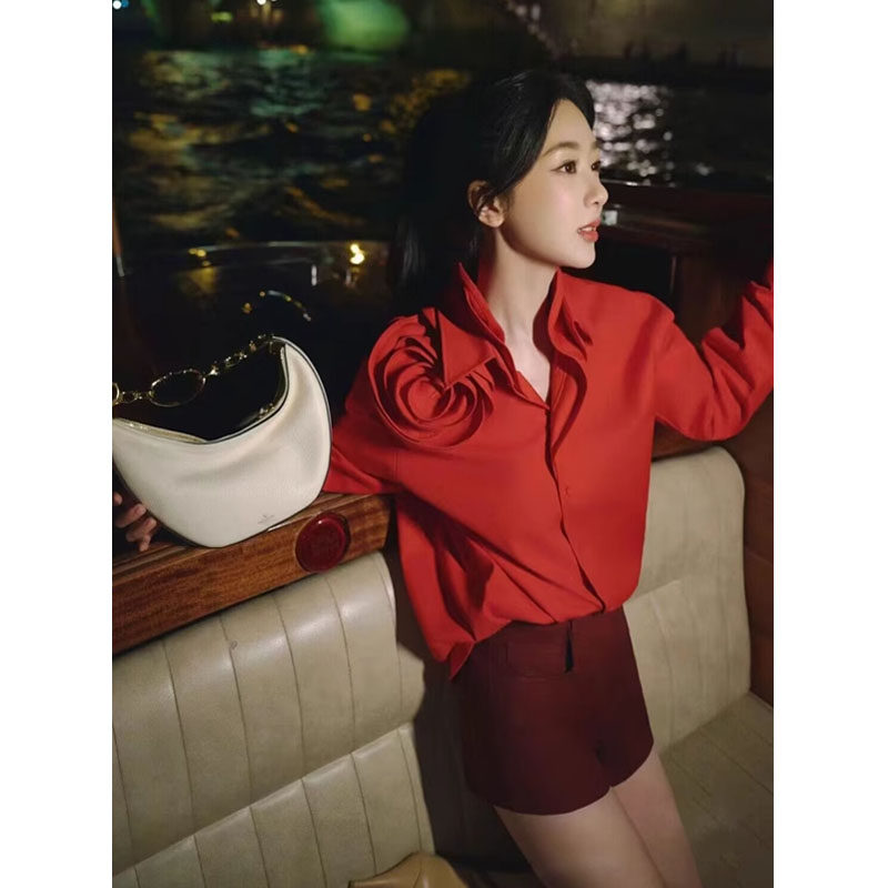 宽松设计感长袖棉立体花朵衬衫