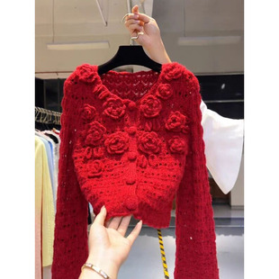 法式复古红色立体花朵长袖针织开衫女春春显瘦百搭毛衣高级感上衣