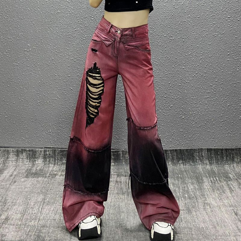 洋气拼色破洞水洗休闲牛仔裤女秋新款高腰宽松显瘦百搭直筒阔腿裤
