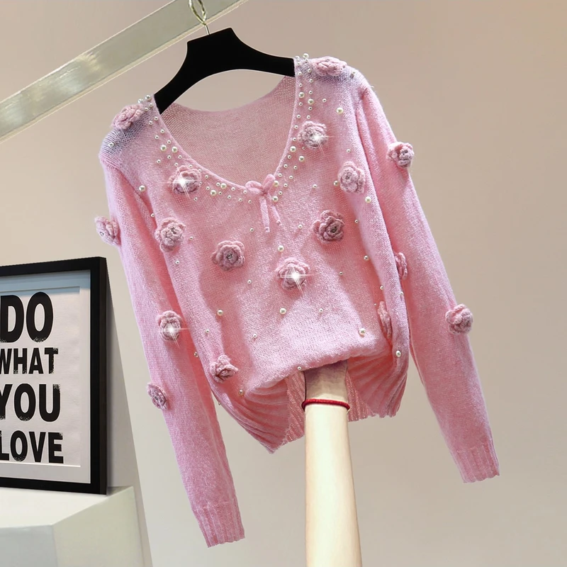 立体花朵钉珠镶钻V领长袖针织衫