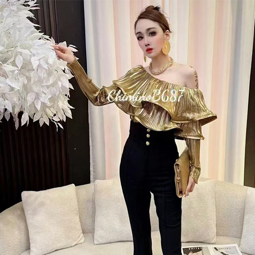 修身型设计感套头长袖荷叶边衬衫