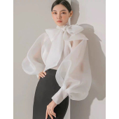 气质韩范时尚 女2026新款 雪纺纱透视上衣女 系带衬衫 蝴蝶结泡泡袖